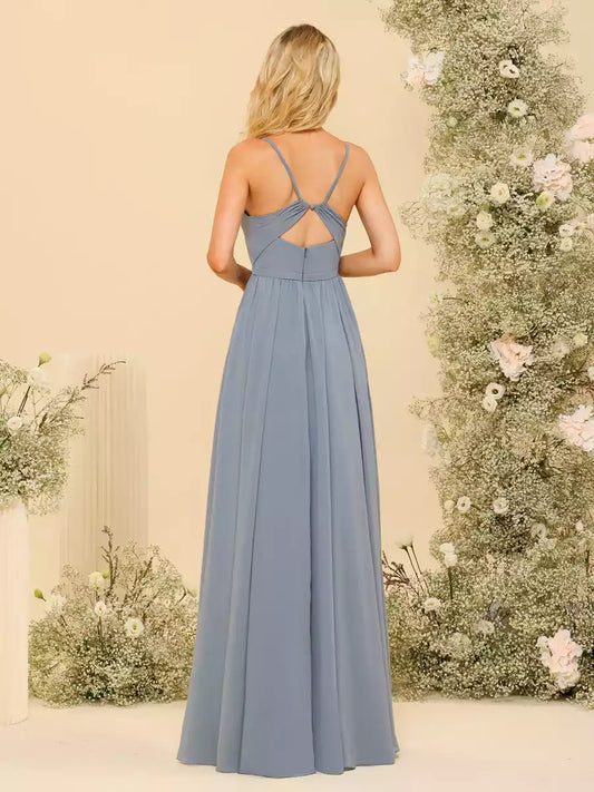 Gorgeous chiffon A-line/princess style suspender long with side slits and pockets Bridesmaid Dresses