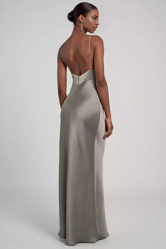 Gorgeous luxury satin V-neck slim shoulder strap corset without lining, slanted cut back, mid zip Prom Dresses