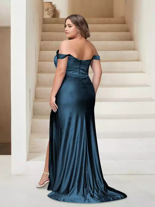 Gorgeous off shoulder slim fit/straight tube plus size side slit high-density elastic satin Bridesmaid Dresses