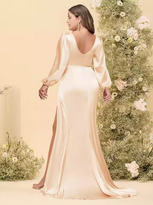 Gorgeous slim fit/straight V-neck long sleeved formal plus size side slit and pleated Bridesmaid Dresses