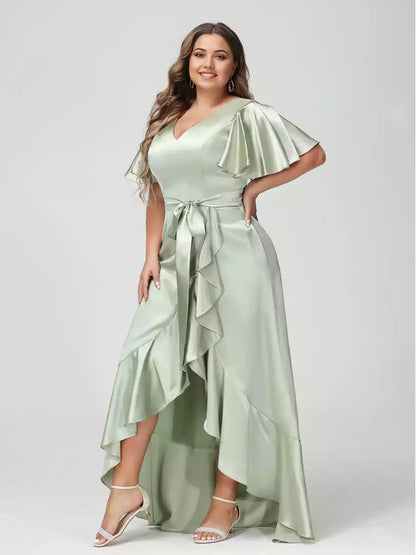 Magnifique chemise à manches courtes, col en V, coupe slim/droite, avec ourlet asymétrique à volants, et robes de demoiselle d'honneur