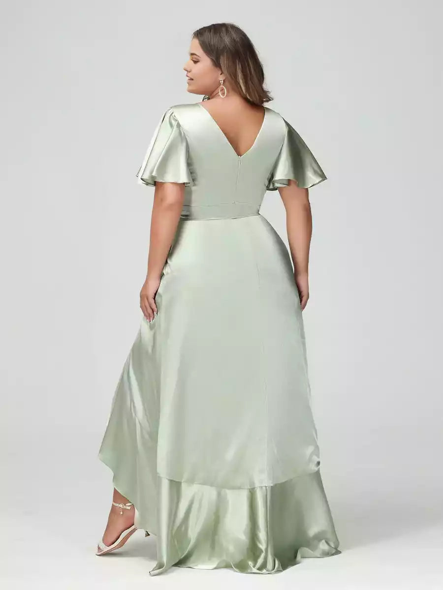Magnifique chemise à manches courtes, col en V, coupe slim/droite, avec ourlet asymétrique à volants, et robes de demoiselle d'honneur