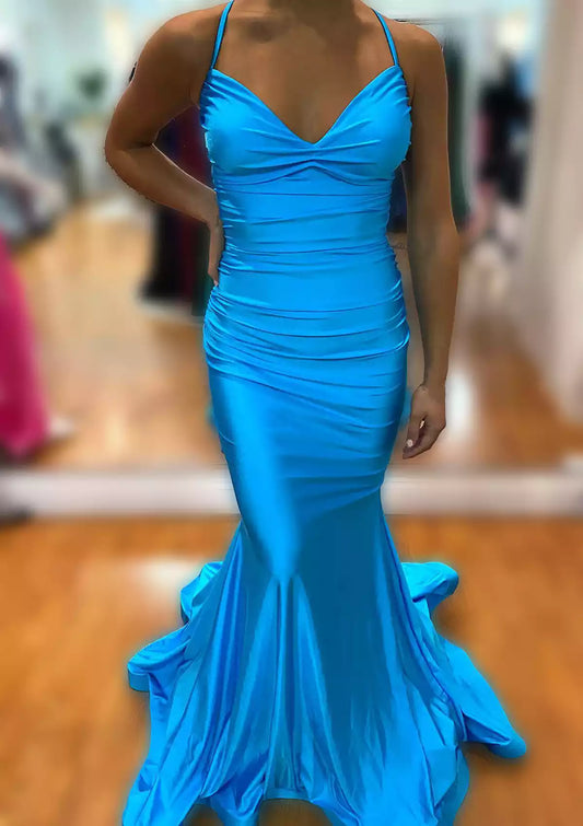 Gorgeous trumpet/mermaid V-neck sleeveless trailing knit pleats Prom Dresses
