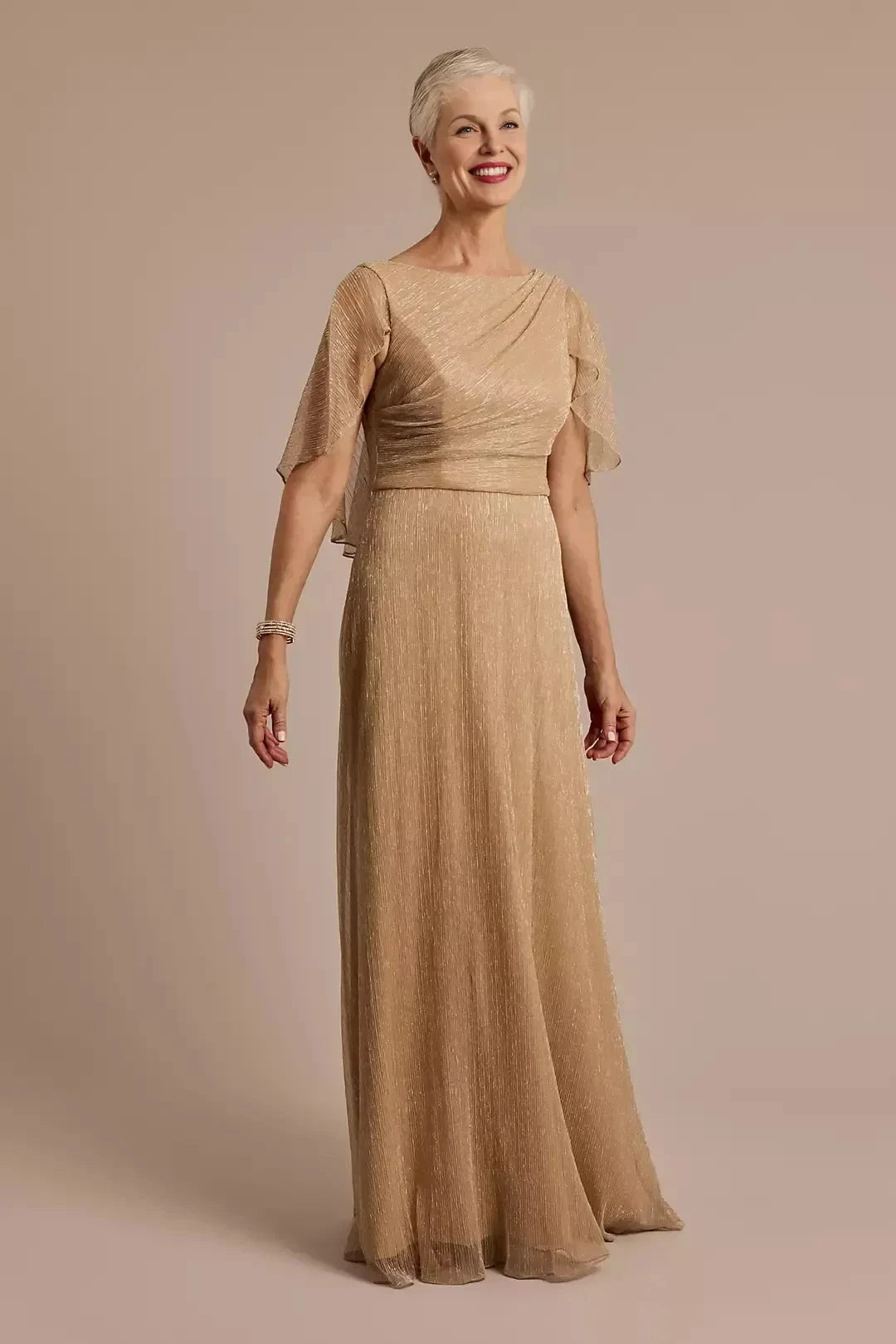 Graceful A Line Boat Neck Flutter Sleeve Zipper Back Floor Length Mother of the Bride Dress by YiHuiw