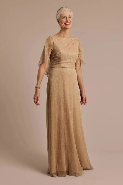 Graceful A Line Boat Neck Flutter Sleeve Zipper Back Floor Length Mother of the Bride Dress by YiHuiw