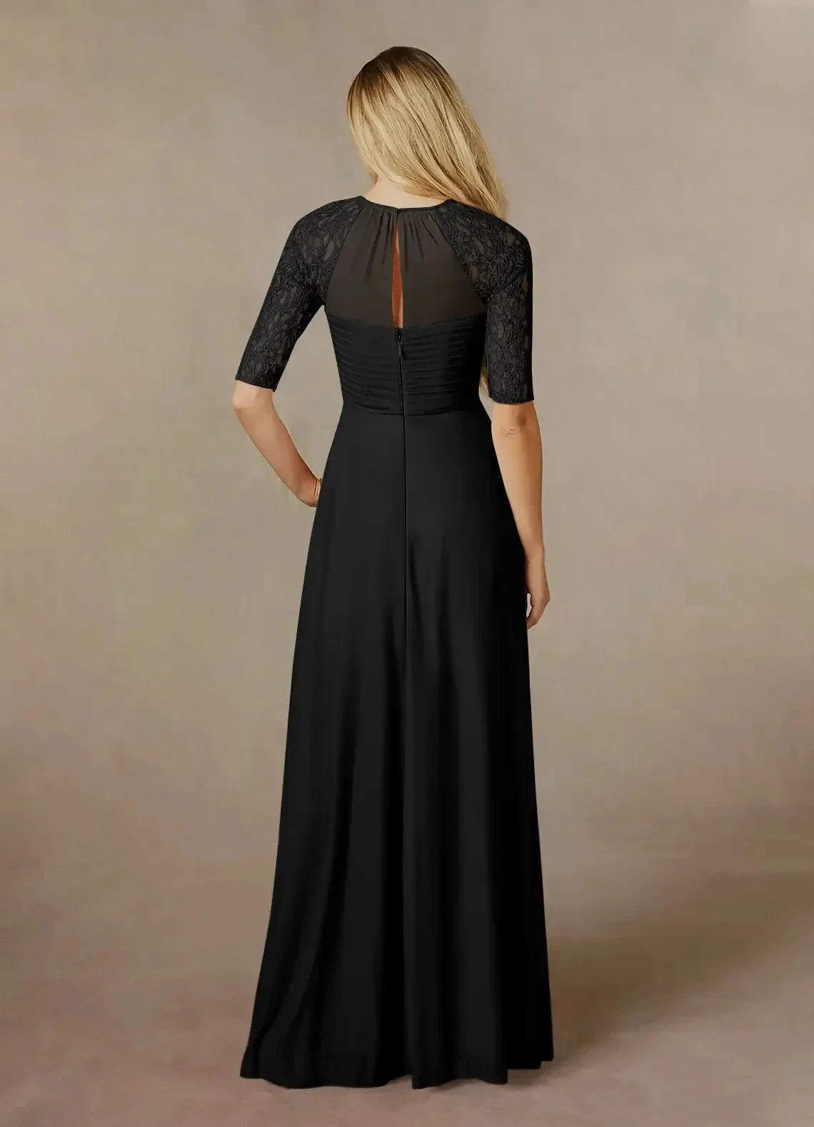 Graceful A Line Crew Neck Three Quarter Lace Sleeve Ruched Back Floor Length Mother of the Bride Dress by YiHuiw