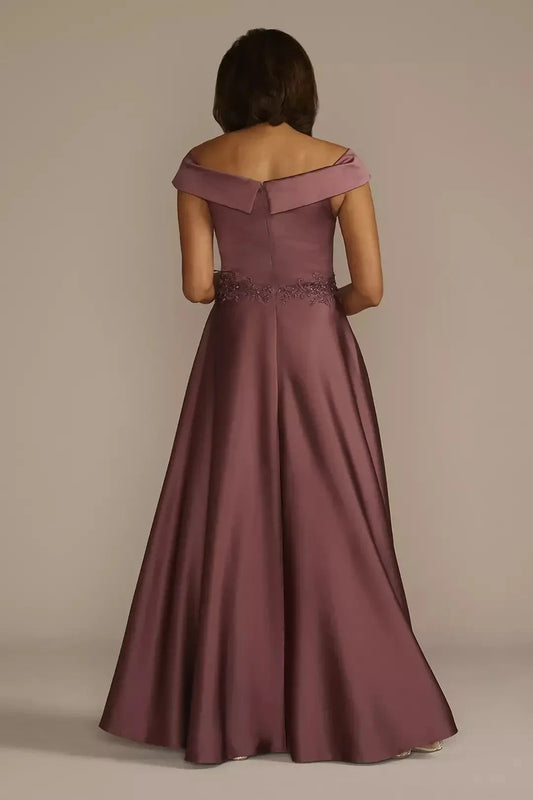 Graceful A Line Off Shoulder Cap Sleeve Lace Back Floor Length Mother of the Bride Dress by YiHuiw