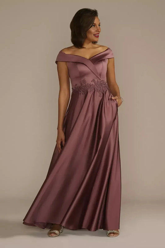 Graceful A Line Off Shoulder Cap Sleeve Lace Back Floor Length Mother of the Bride Dress by YiHuiw