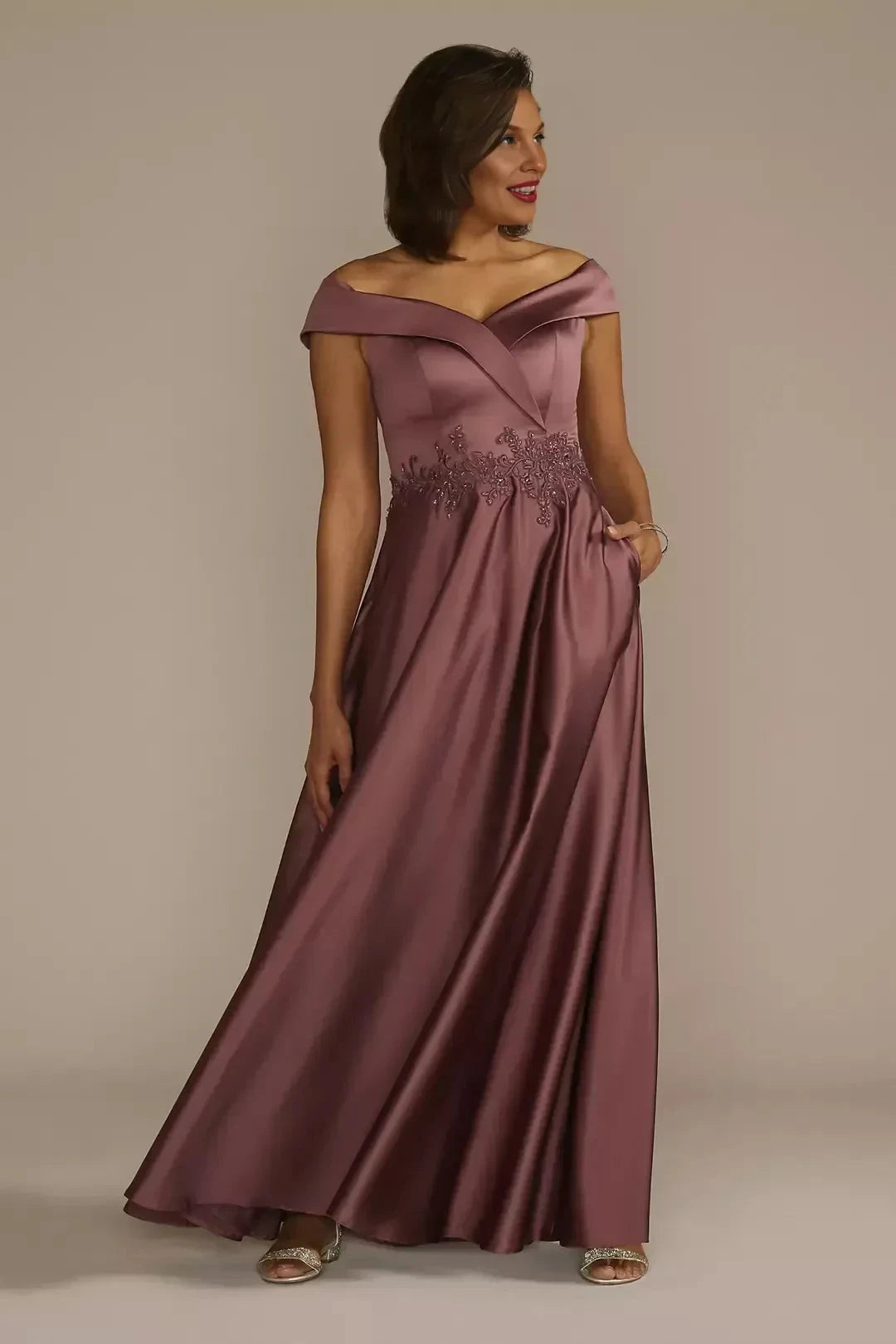 Graceful A Line Off Shoulder Cap Sleeve Lace Back Floor Length Mother of the Bride Dress by YiHuiw