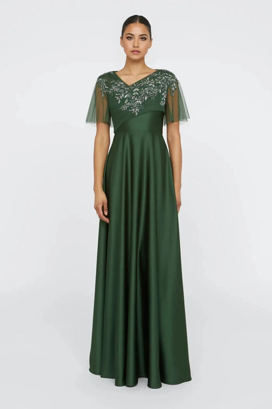Graceful A Line V Neck Cape Short Sleeve Tie Back Floor Length Prom Dress by YiHuiw
