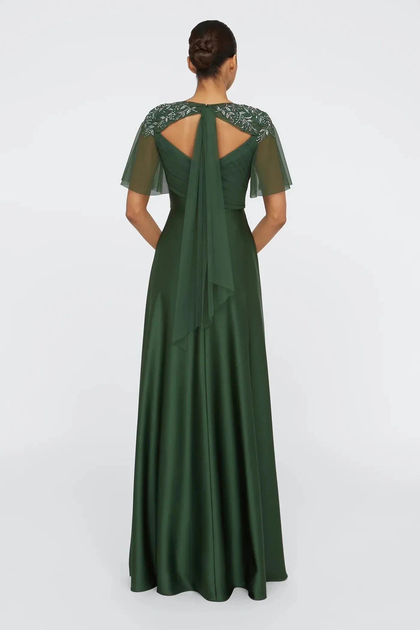 Graceful A Line V Neck Cape Short Sleeve Tie Back Floor Length Prom Dress by YiHuiw