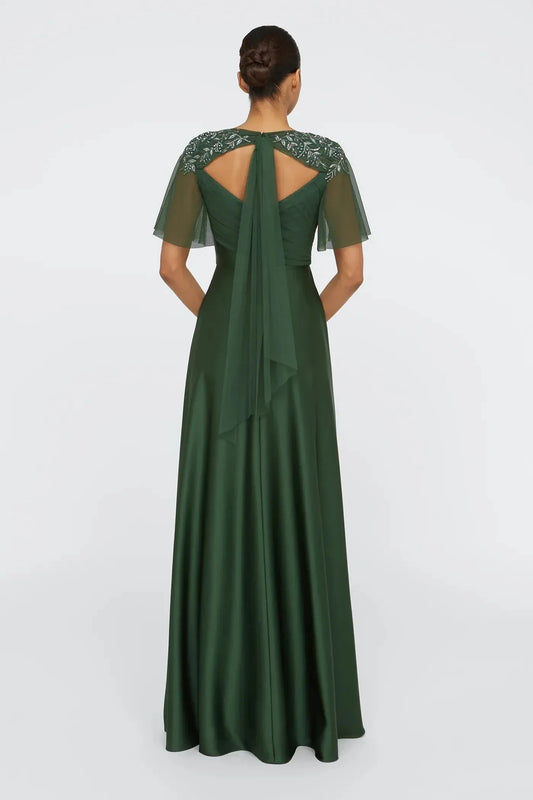 Graceful A Line V Neck Cape Short Sleeve Tie Back Floor Length Prom Dress by YiHuiw