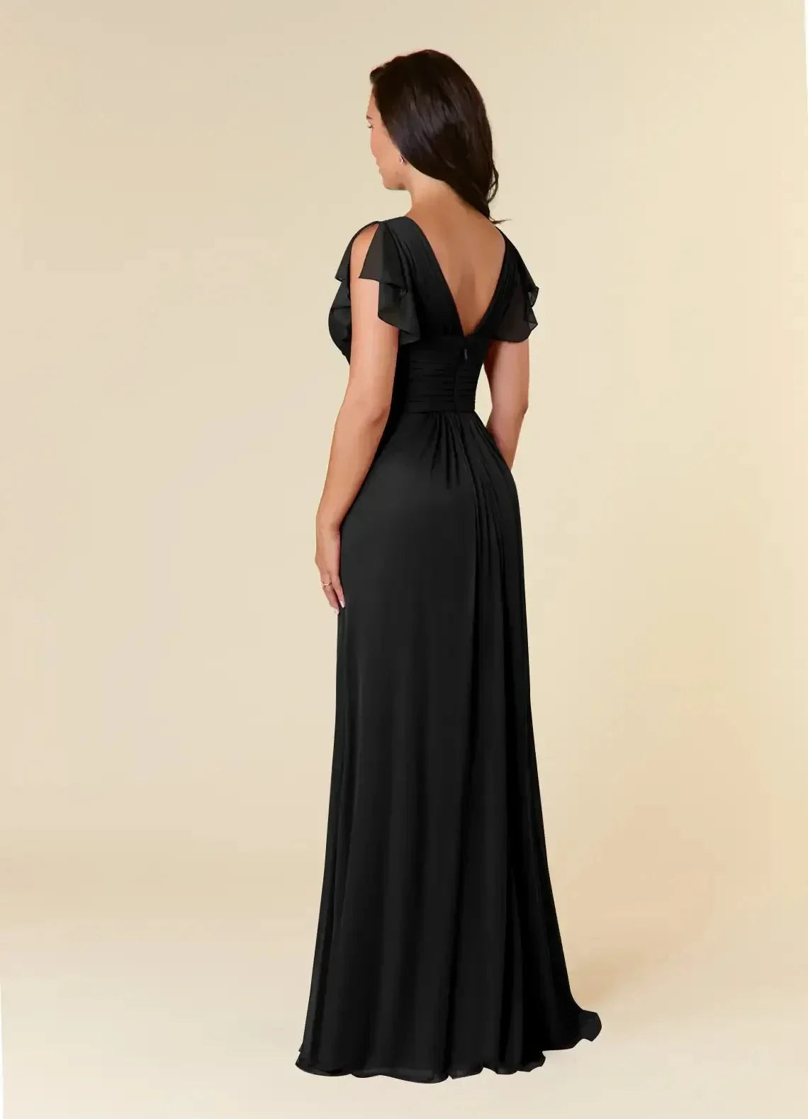 Graceful A Line V Neck Flutter Sleeve Ruched Back Floor Length Mother of the Bride Dress by YiHuiw