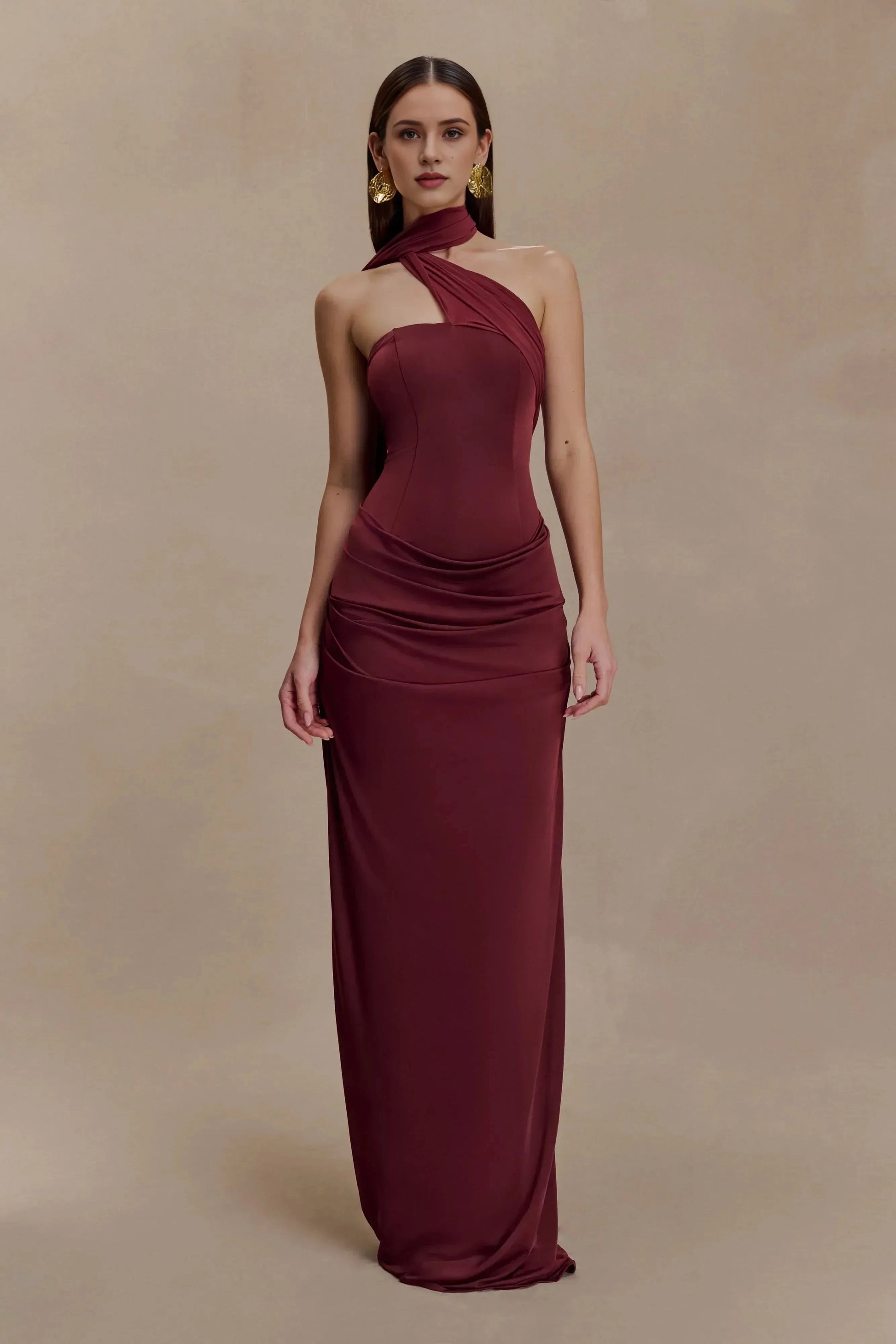 Graceful Mermaid Halter Neck Sleeveless Draped Back Floor Length Prom Dress by YiHuiw