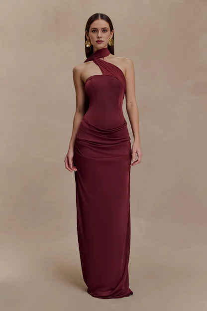 Graceful Mermaid Halter Neck Sleeveless Draped Back Floor Length Prom Dress by YiHuiw