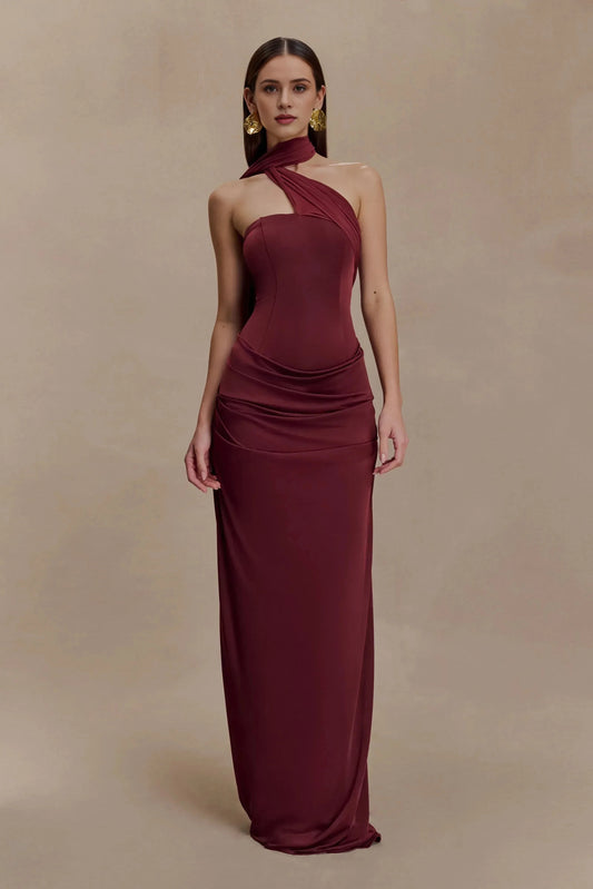 Graceful Mermaid Halter Neck Sleeveless Draped Back Floor Length Prom Dress by YiHuiw