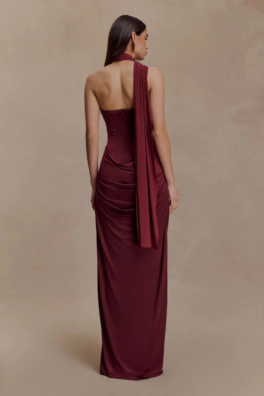 Graceful Mermaid Halter Neck Sleeveless Draped Back Floor Length Prom Dress by YiHuiw