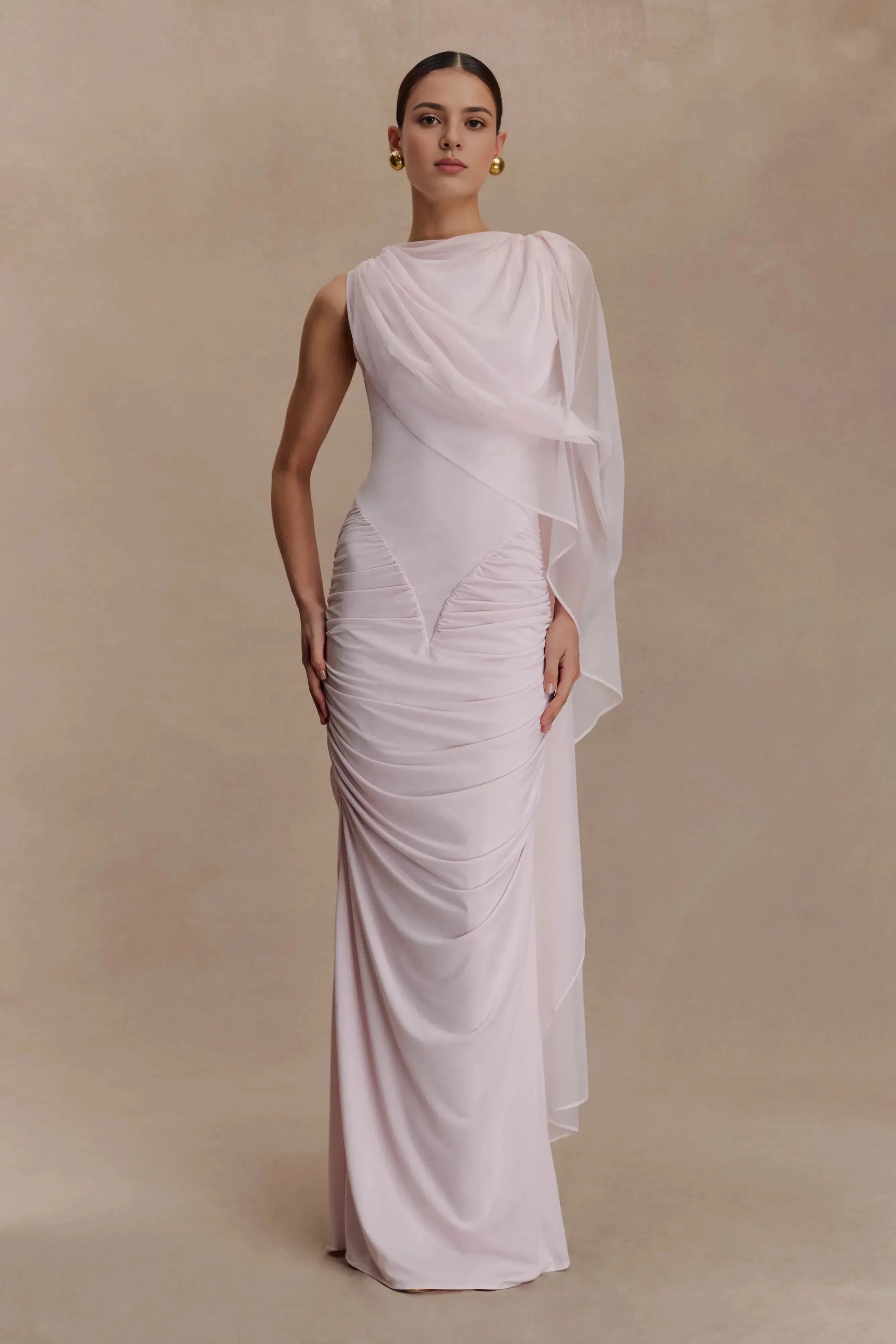 Graceful Mermaid One Shoulder Draped Sleeve Ruched Back Floor Length Prom Dress by YiHuiw