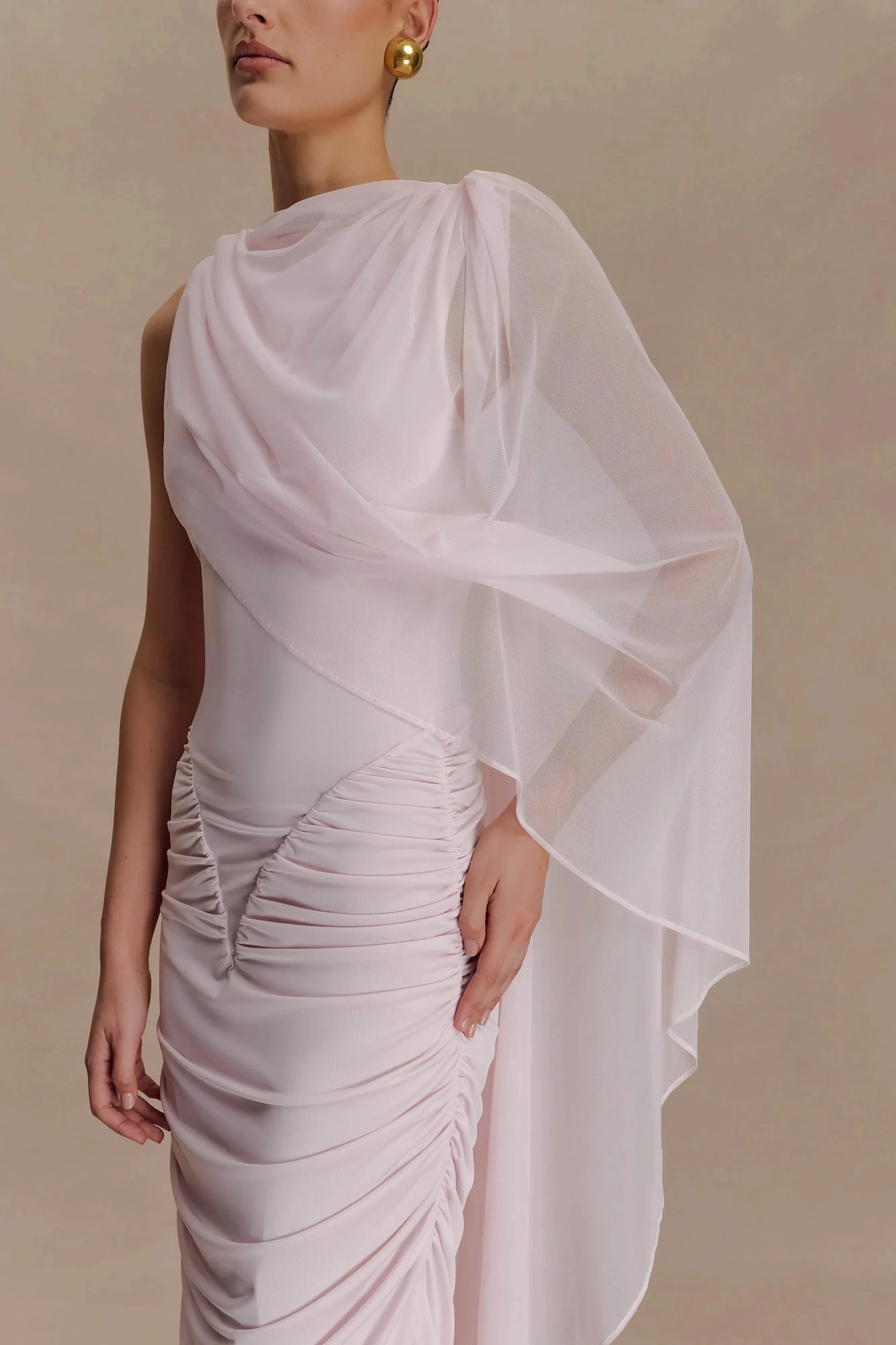 Graceful Mermaid One Shoulder Draped Sleeve Ruched Back Floor Length Prom Dress by YiHuiw