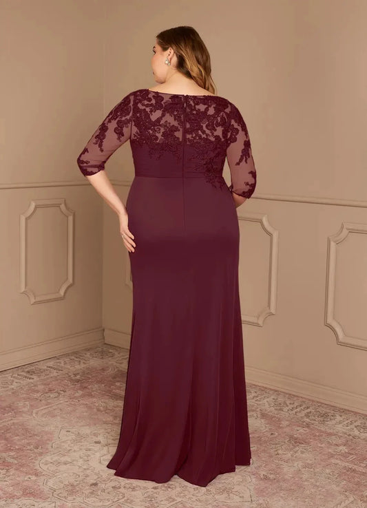 Graceful Plus Size Sheath Boat Neck Three Quarter Sleeve Lace Back Floor Length Mother of the Bride Dress by YiHuiw