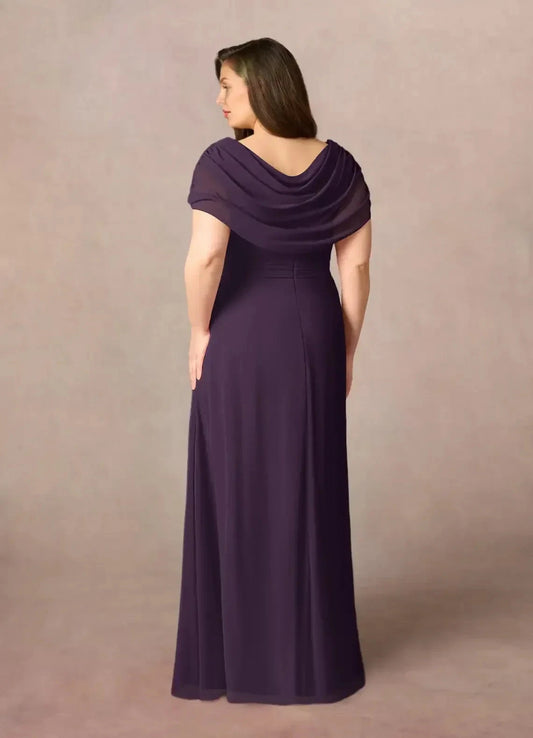 Graceful Plus Size Sheath Cowl Neck Cap Sleeve Draped Back Floor Length Mother of the Bride Dress by YiHuiw