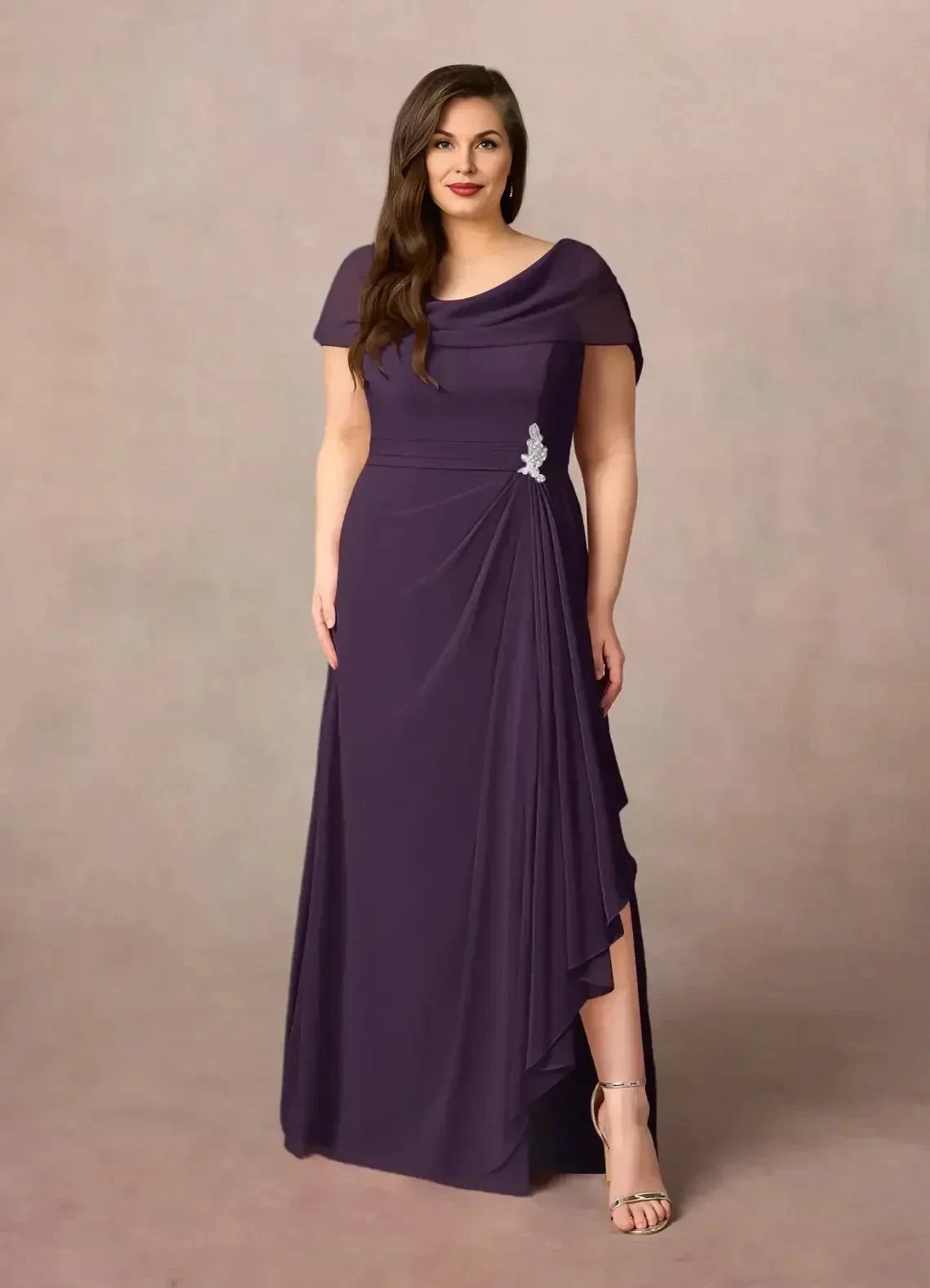 Graceful Plus Size Sheath Cowl Neck Cap Sleeve Draped Back Floor Length Mother of the Bride Dress by YiHuiw