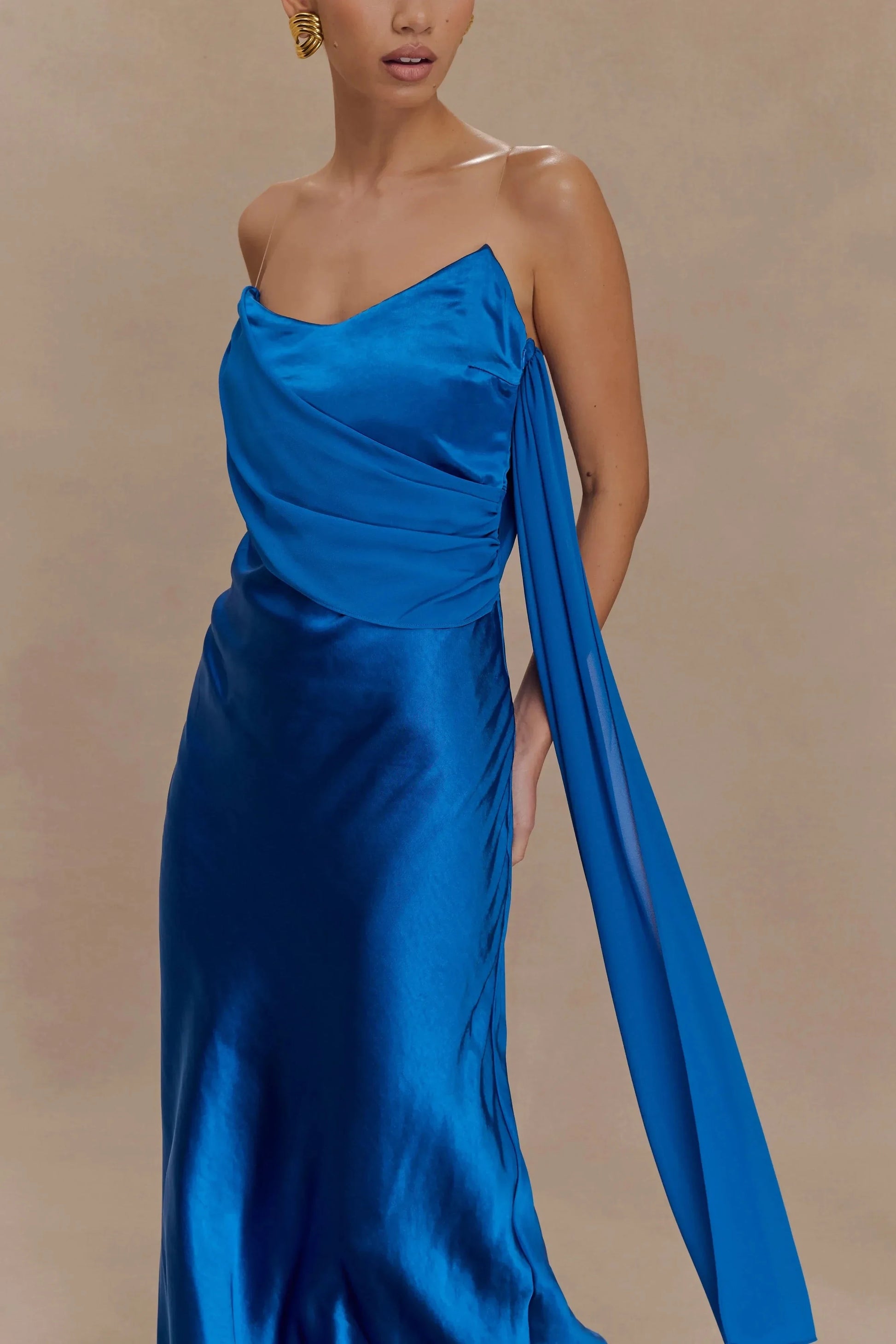 Graceful Sheath Asymmetric Neck Sleeveless Draped Back Floor Length Prom Dress by YiHuiw