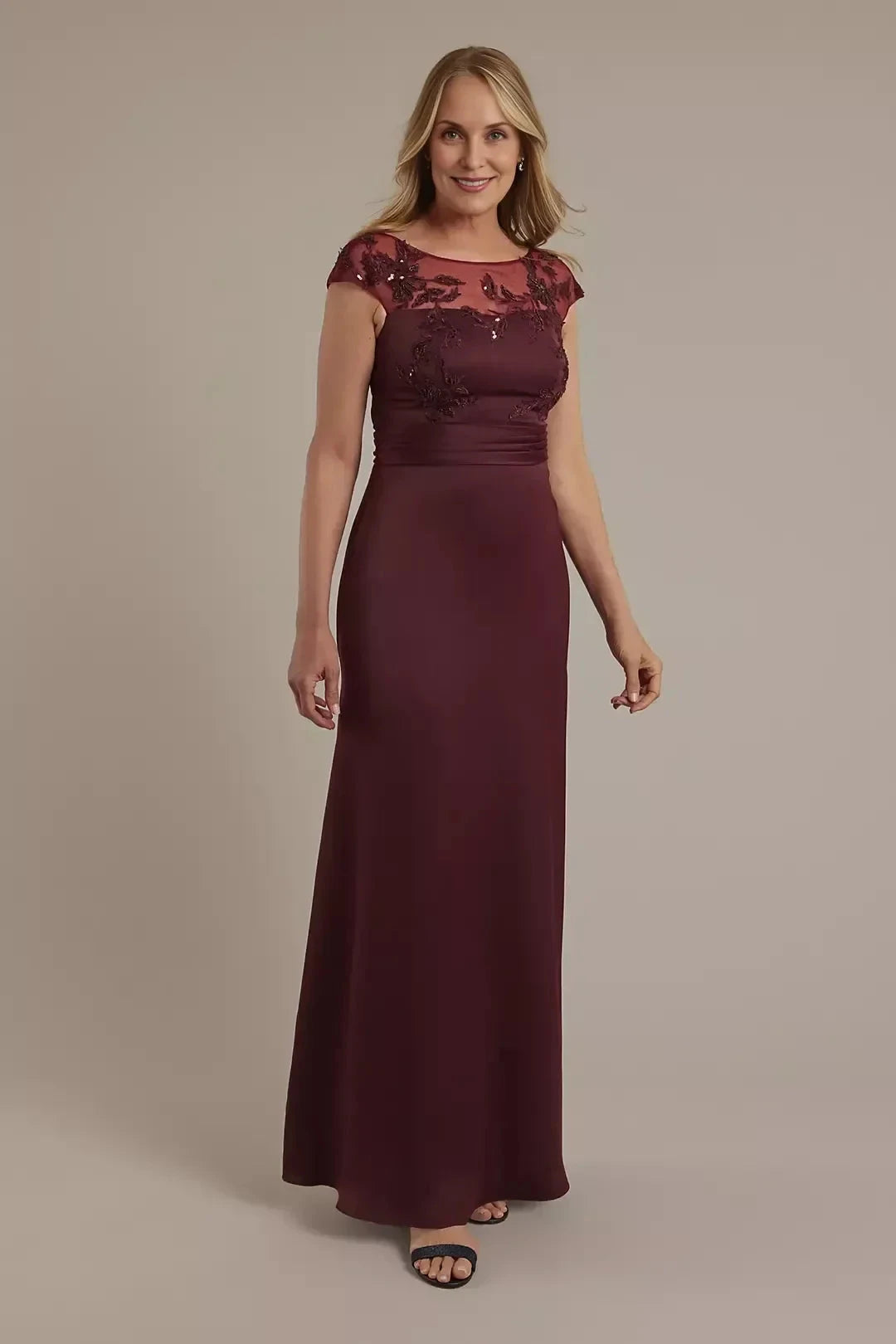 Graceful Sheath Boat Neck Cap Sleeve Lace Back Floor Length Mother of the Bride Dress by YiHuiw