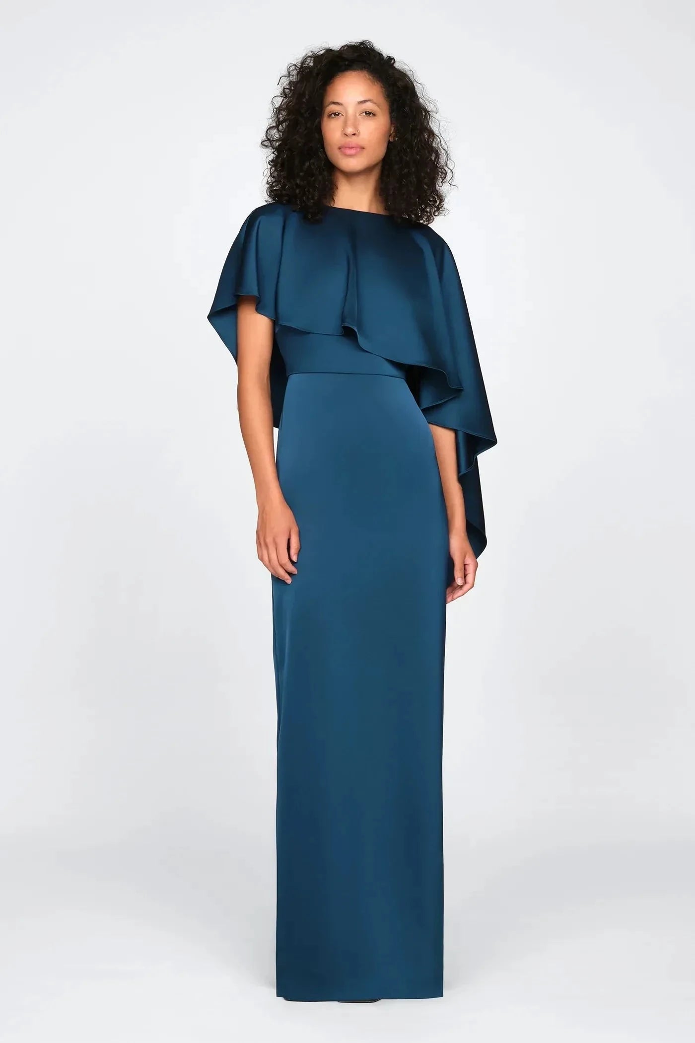 Graceful Sheath Boat Neck Cape Sleeve Draped Back Floor Length Prom Dress by YiHuiw