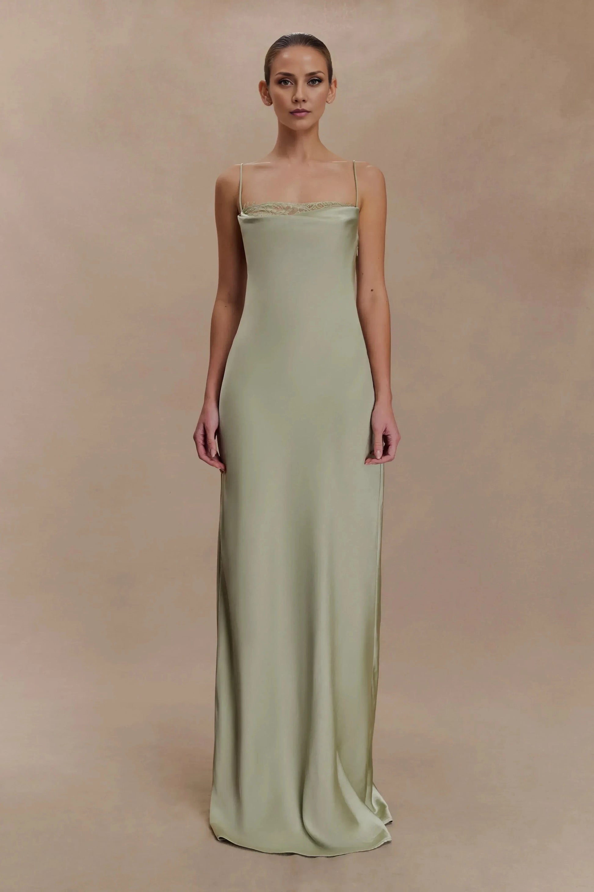 Graceful Sheath Cowl Neck Spaghetti Strap Lace Detail Open Back Floor Length Prom Dress by YiHuiw