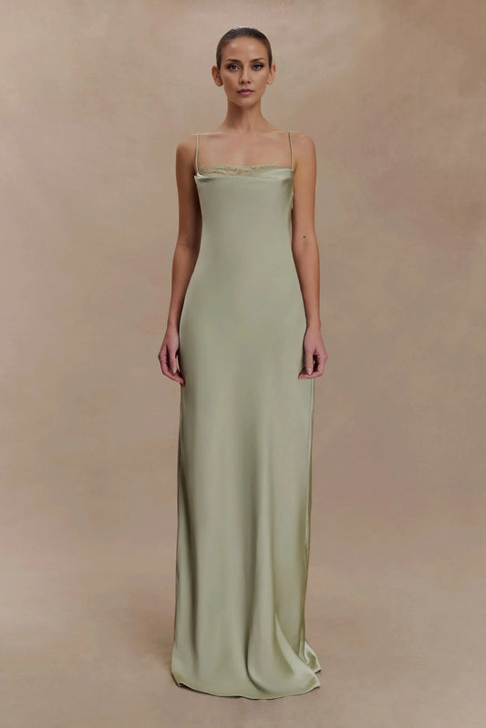 Graceful Sheath Cowl Neck Spaghetti Strap Lace Detail Open Back Floor Length Prom Dress by YiHuiw