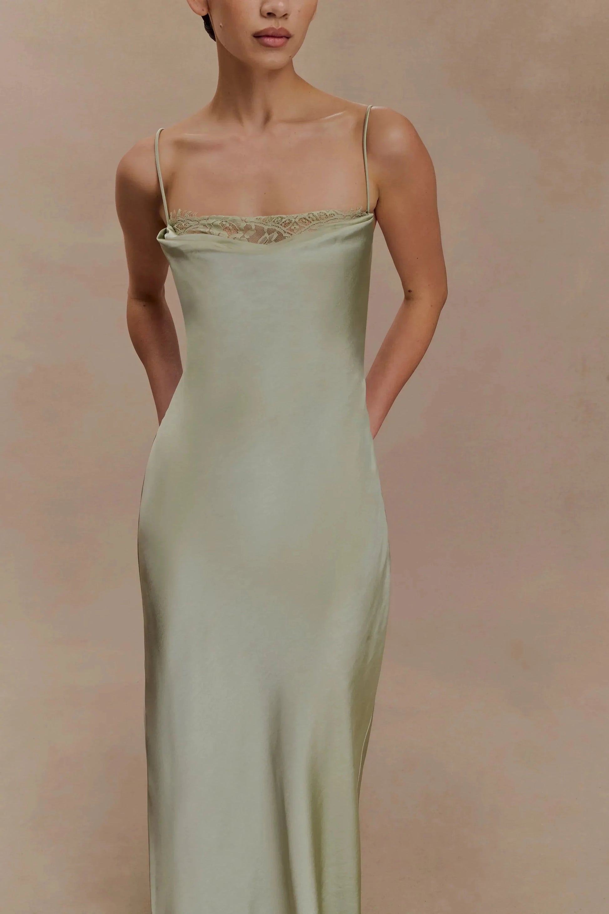 Graceful Sheath Cowl Neck Spaghetti Strap Lace Detail Open Back Floor Length Prom Dress by YiHuiw