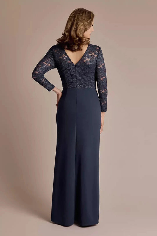 Graceful Sheath Crew Neck Long Sleeve Lace Back Floor Length Mother of the Bride Dress by YiHuiw