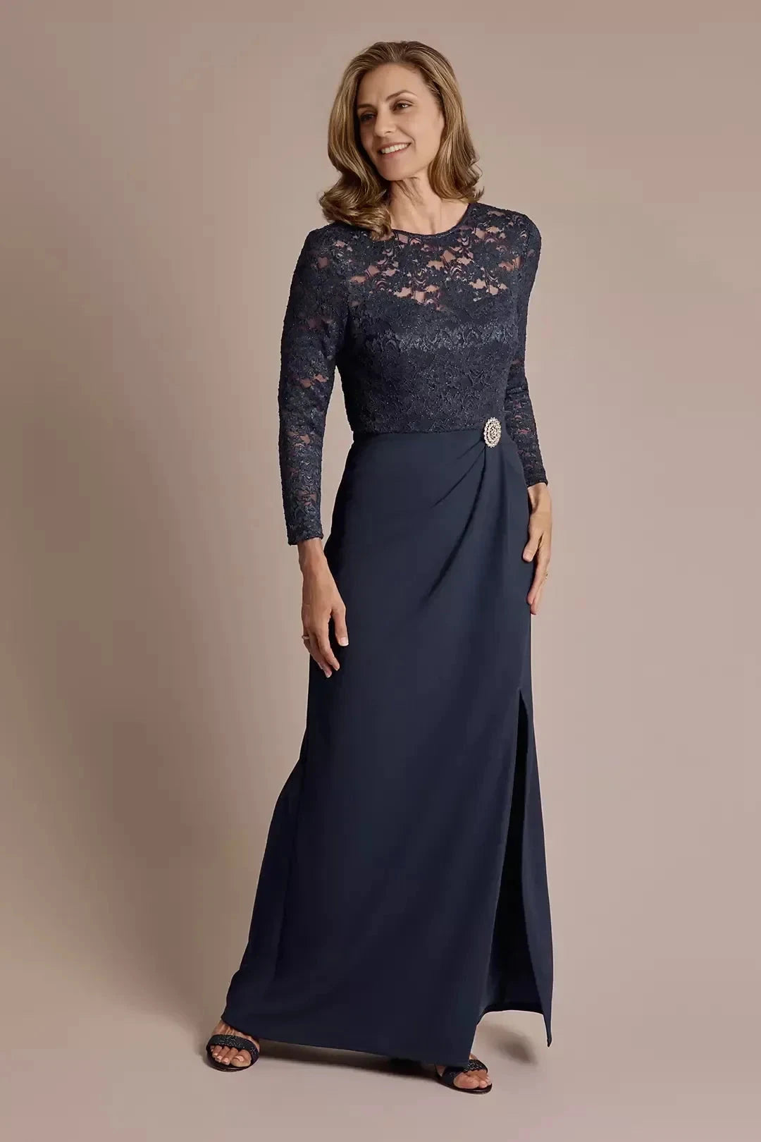 Graceful Sheath Crew Neck Long Sleeve Lace Back Floor Length Mother of the Bride Dress by YiHuiw