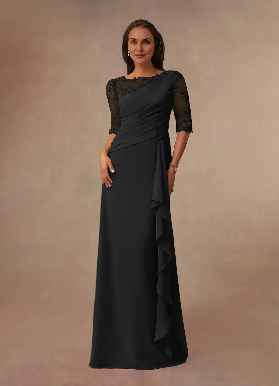 Graceful Sheath Illusion Neck Three Quarter Lace Sleeve Ruched Back High Low Mother of the Bride Dress by YiHuiw