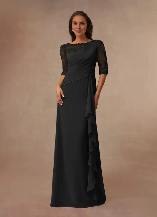 Graceful Sheath Illusion Neck Three Quarter Lace Sleeve Ruched Back High Low Mother of the Bride Dress by YiHuiw