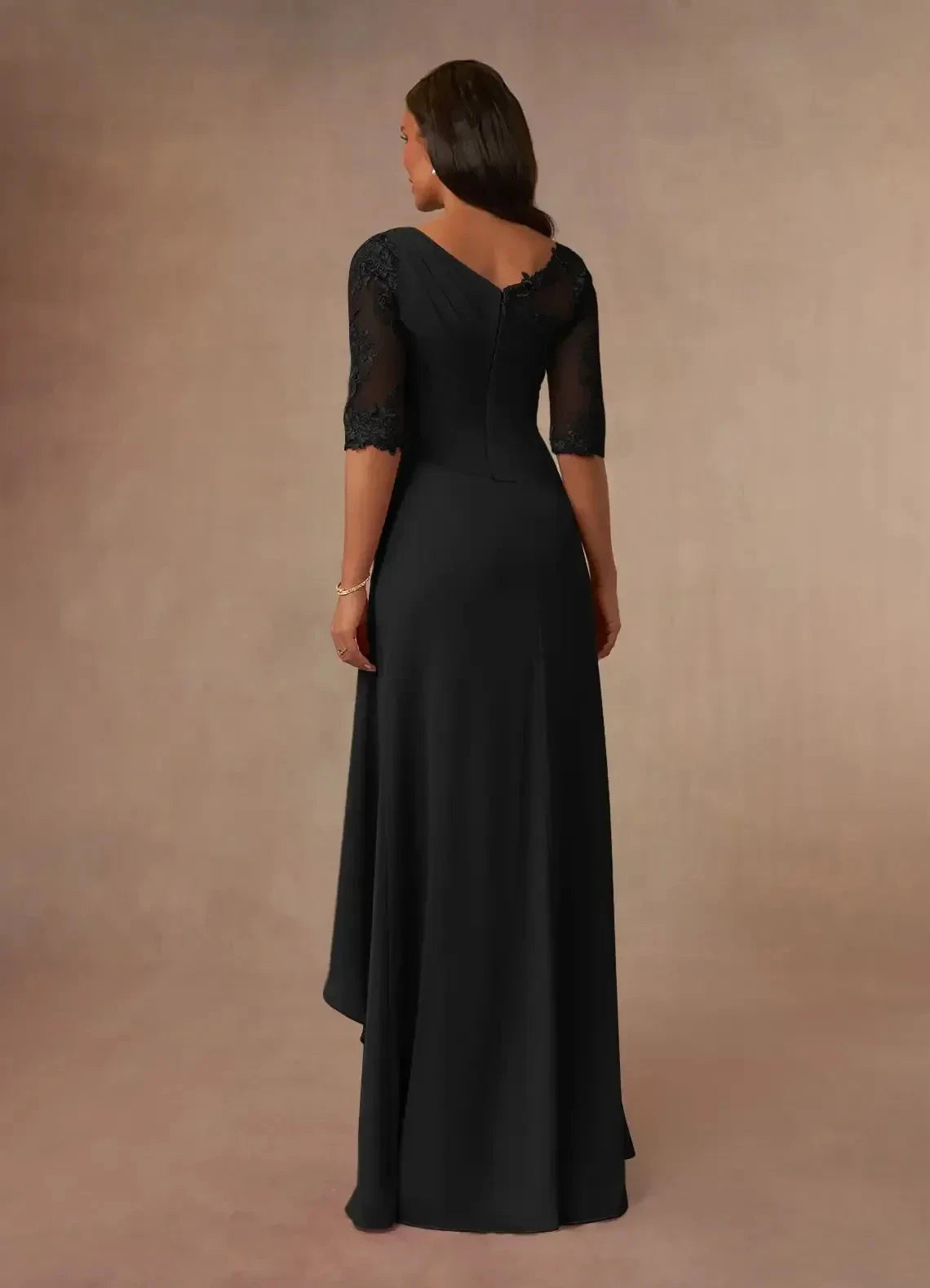 Graceful Sheath Illusion Neck Three Quarter Lace Sleeve Ruched Back High Low Mother of the Bride Dress by YiHuiw