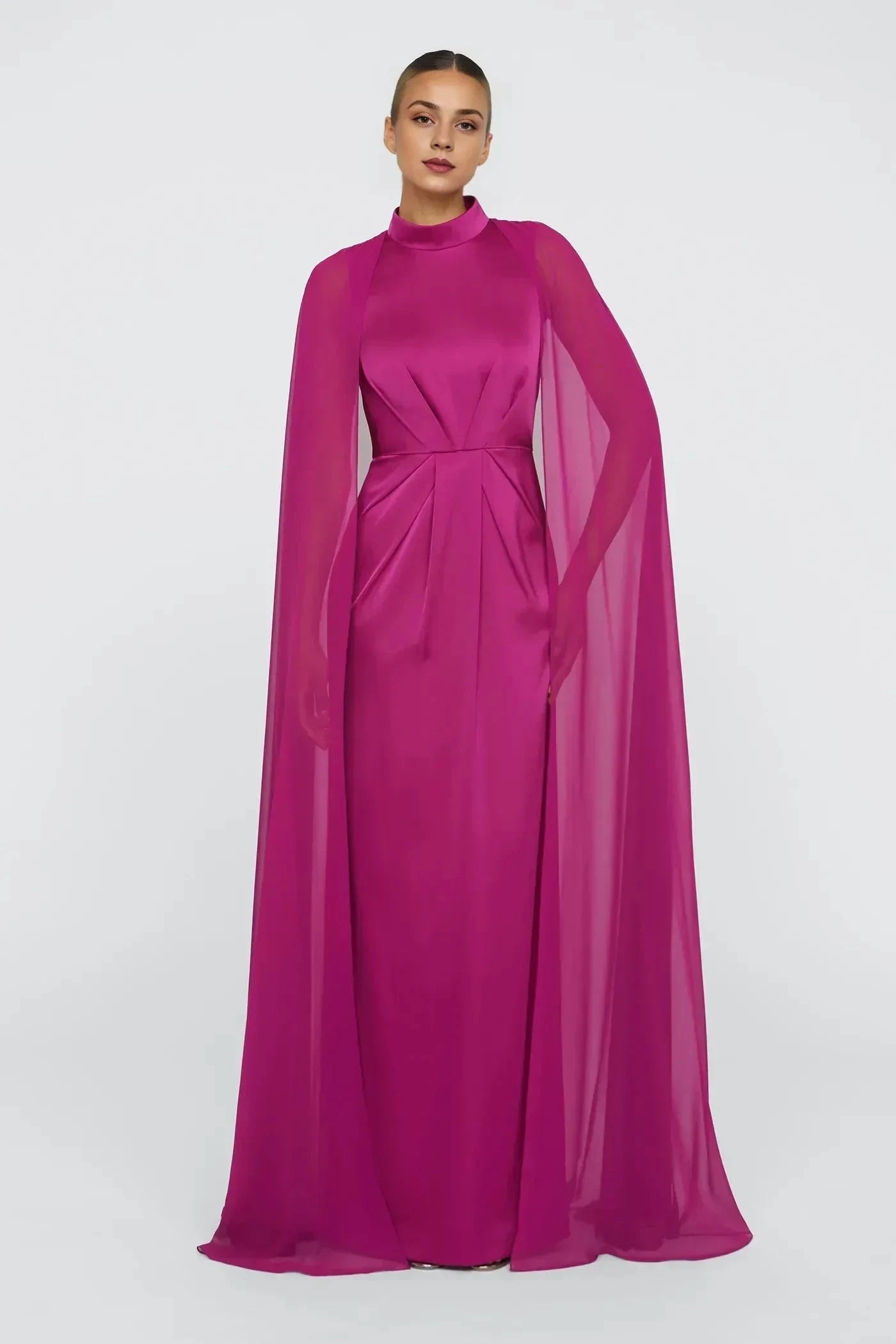 Graceful Sheath Mock Neck Cape Sleeve Draped Back Floor Length Prom Dress by YiHuiw
