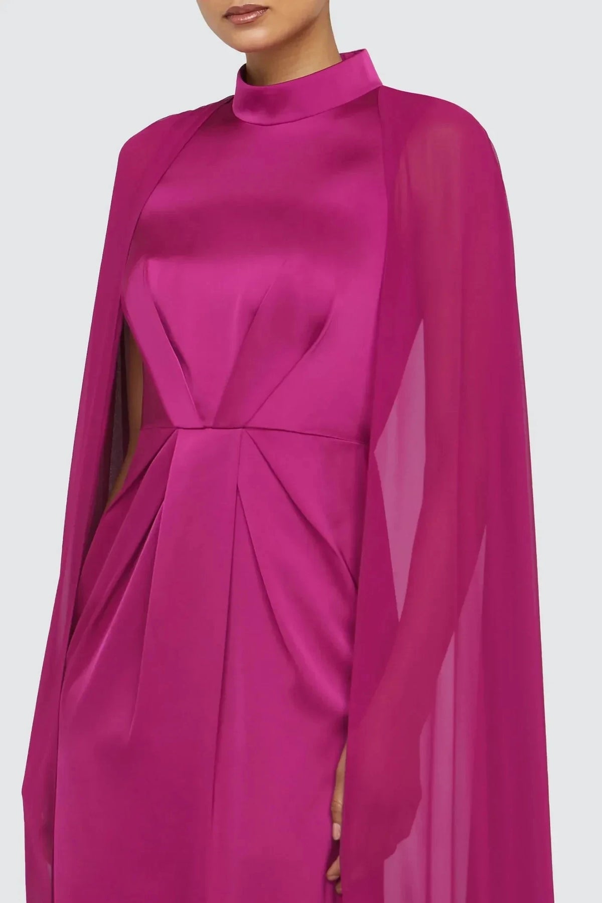 Graceful Sheath Mock Neck Cape Sleeve Draped Back Floor Length Prom Dress by YiHuiw