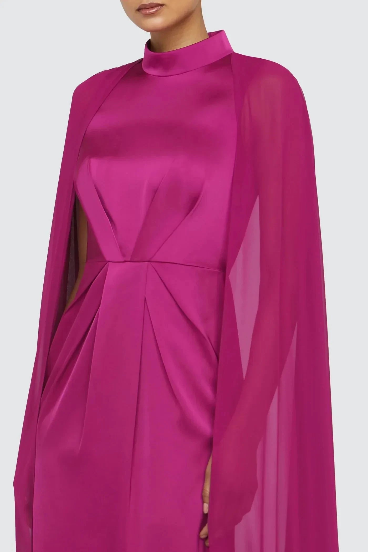 Graceful Sheath Mock Neck Cape Sleeve Draped Back Floor Length Prom Dress by YiHuiw