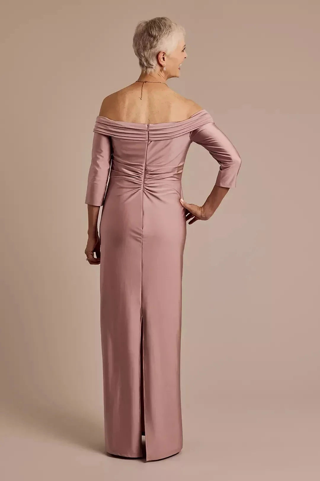 Graceful Sheath Off Shoulder Three Quarter Sleeve Ruched Back Floor Length Mother of the Bride Dress by YiHuiw