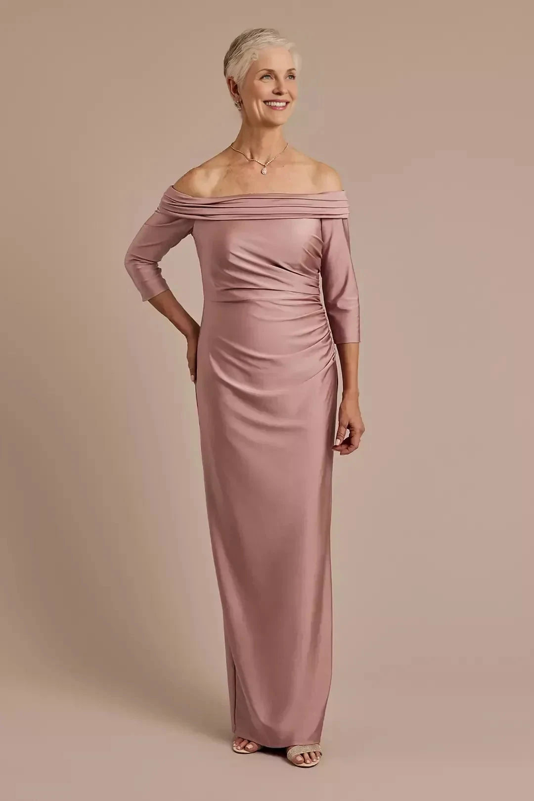 Graceful Sheath Off Shoulder Three Quarter Sleeve Ruched Back Floor Length Mother of the Bride Dress by YiHuiw
