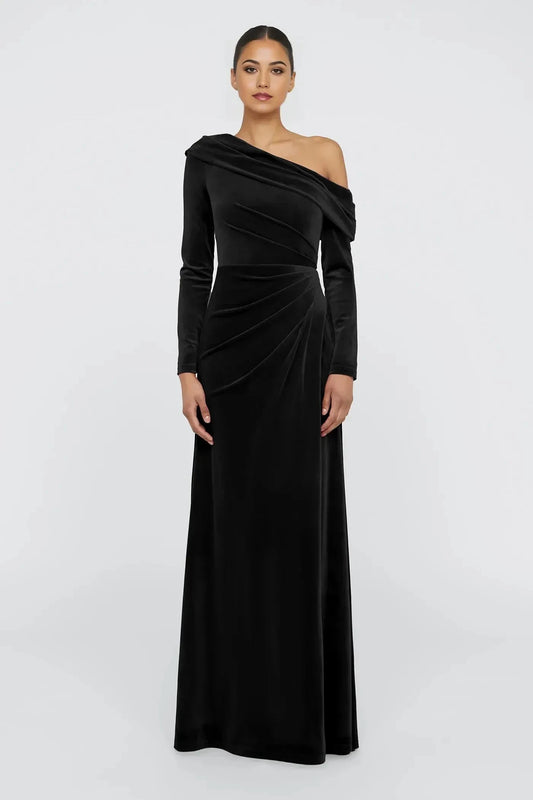 Graceful Sheath One Shoulder Long Sleeve Draped Back Floor Length Prom Dress by YiHuiw