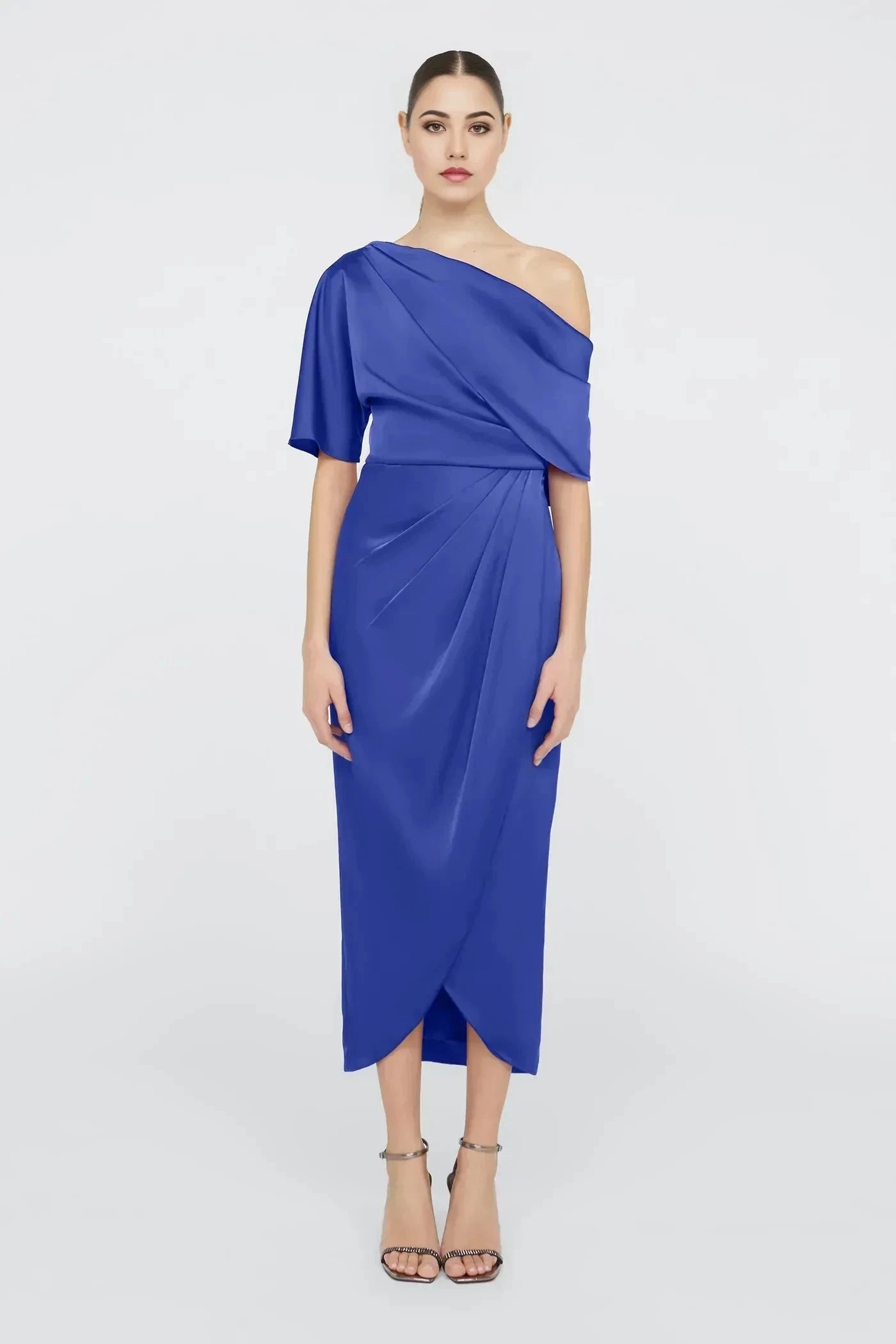 Graceful Sheath One Shoulder Short Sleeve Draped Back Midi Length Prom Dress by YiHuiw