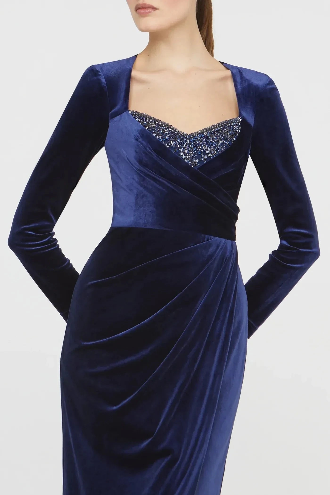 Graceful Sheath Square Neck Long Sleeve Beaded Back Floor Length Prom Dress by YiHuiw