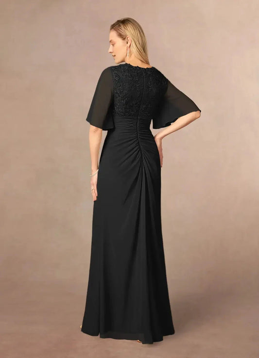 Graceful Sheath V Neck Flutter Sleeve Lace Back Floor Length Mother of the Bride Dress by YiHuiw