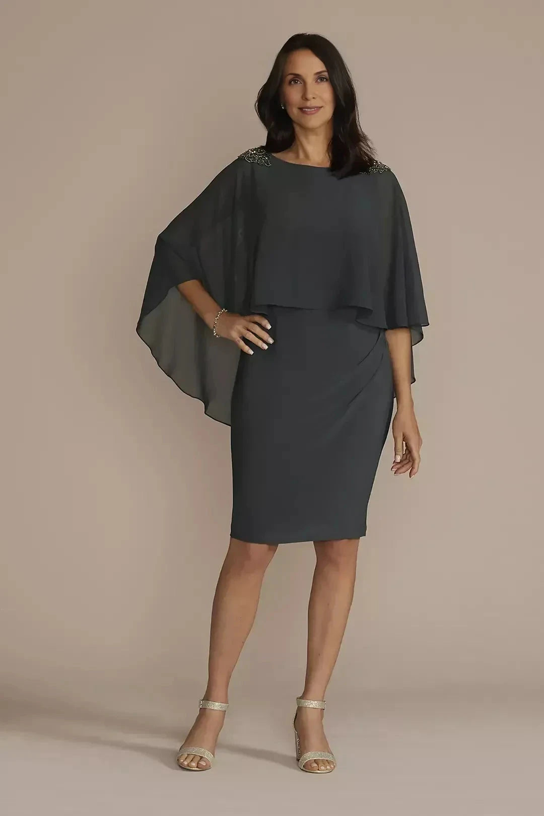 Graceful Two Piece Boat Neck Cape Sleeve Ruched Back Knee Length Mother of the Bride Dress by YiHuiw