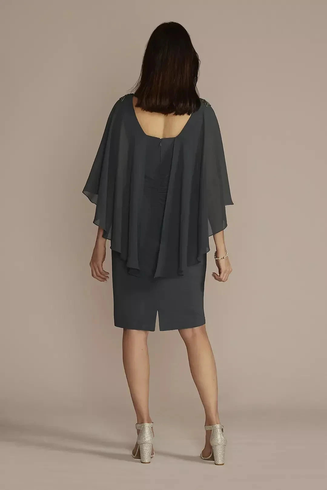 Graceful Two Piece Boat Neck Cape Sleeve Ruched Back Knee Length Mother of the Bride Dress by YiHuiw