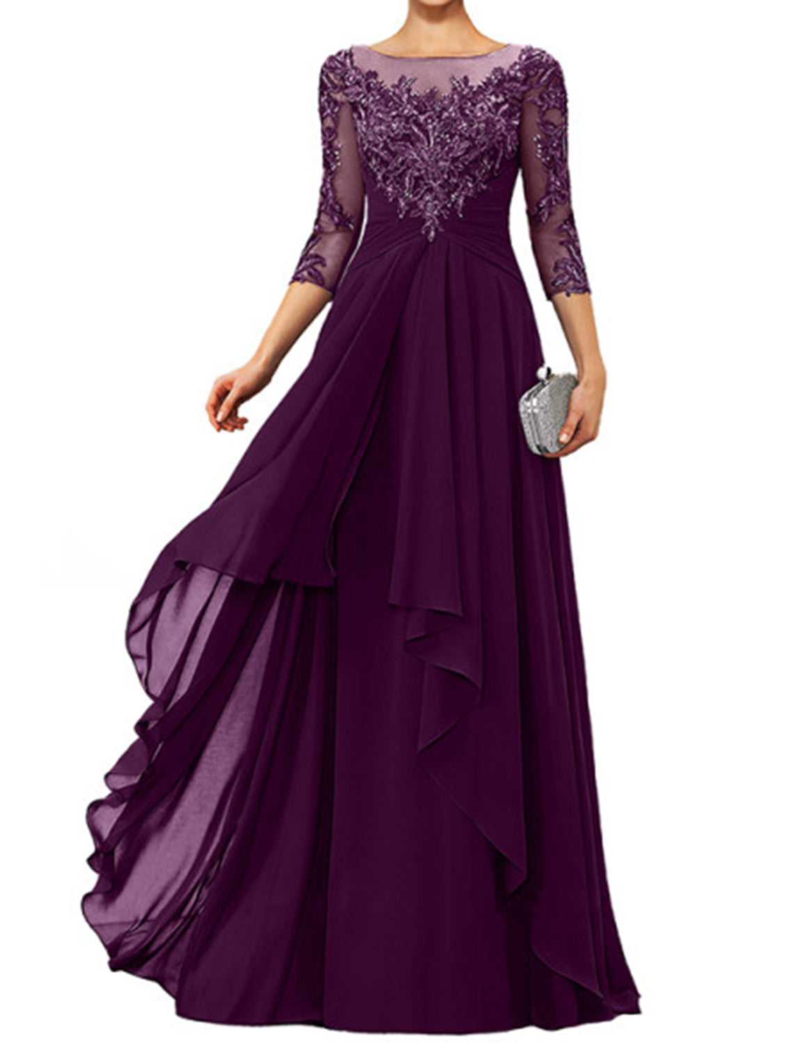 Sheath / Column Mother of the Bride Dress Elegant Jewel Neck Floor Length Chiffon Lace 3/4 Length Sleeve with Appliques by YiHuiw