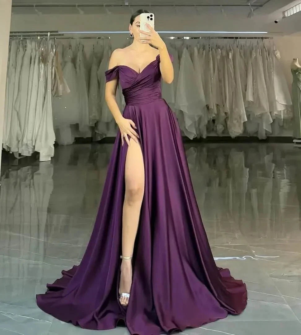 Grape Long Satin Prom Dress with Slit Long Wedding Party Gown simple gentle atmospheric and unique desi Bring summer colors to enhance whiteness by YiHuiw